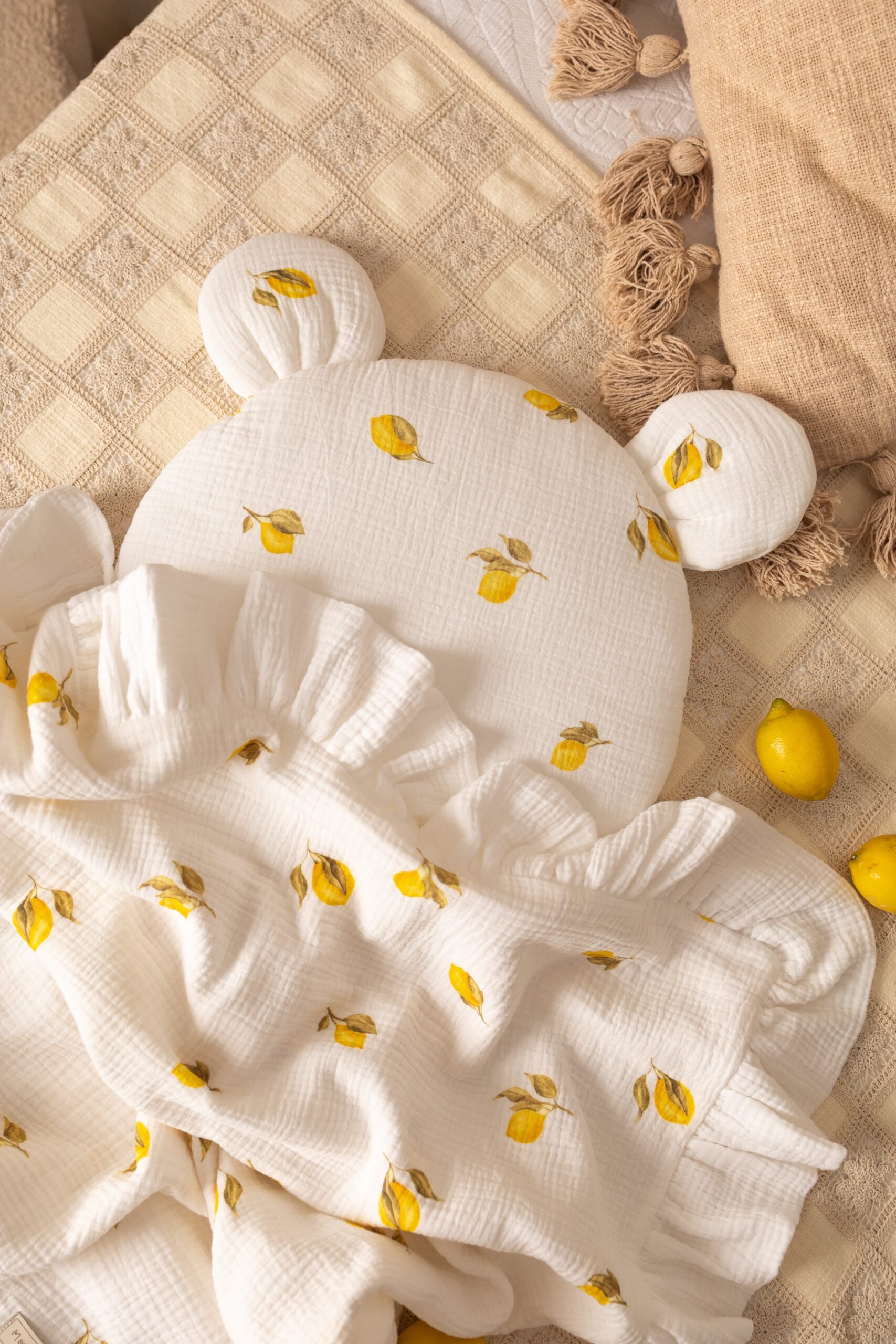 Set couverture et coussin en mousseline (4 couches) Lemon – MotulinKa