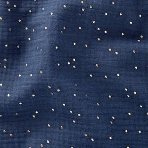 Tissu gaze de coton bleu pois doré