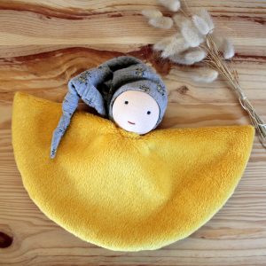 Doudou Lutin jaune et gris – Artisanat français – Matériaux certifiés