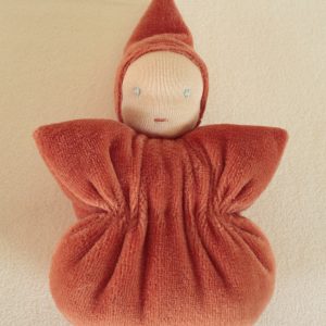 Mini Doudous Lutin velours orange – Artisanat français – Matériaux certifiés