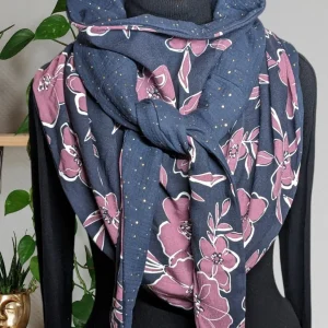 Chèche écharpe foulard triangle – Bleu et fleurs violette | Mi-saison