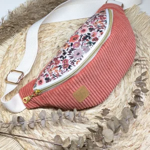 Sac banane velours côtelé corail / Fleurs | ENFANT | Aube fleurale