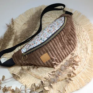 Sac banane velours côtelé marron – fleurs | Douceur automnale