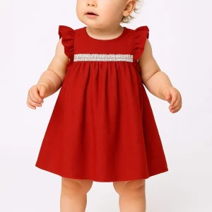 Robe en lin corail avec volant et galon NOORY