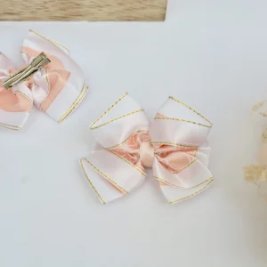 Barrette nœud ruban blanc et rose poudré