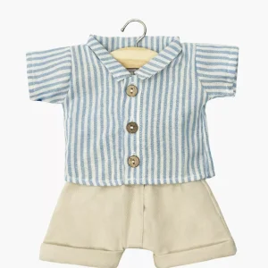Ensemble Léopold chemise à rayures bleu et pantalon à bretelles beige