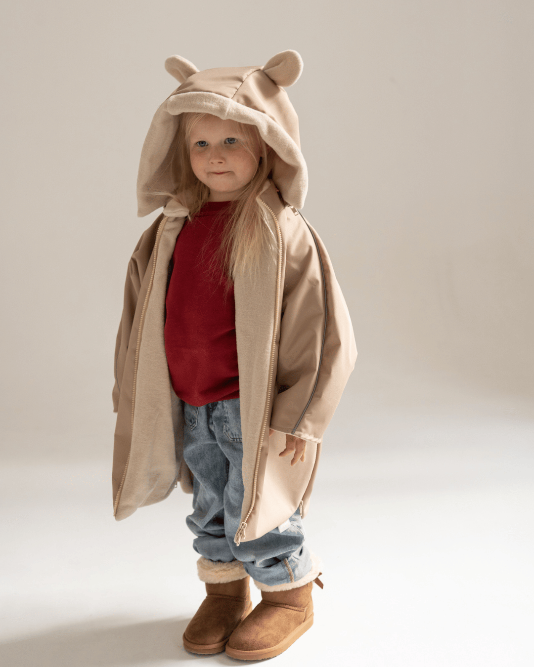 Poncho voiture imperméable en laine mérinos 3-6 ans Beige – Piapimo – Image 5